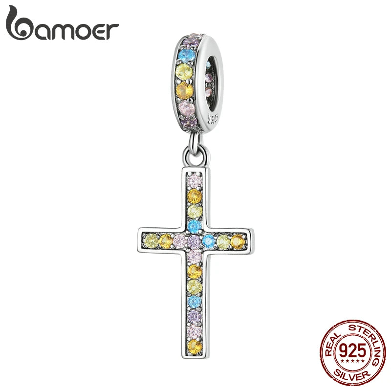 925 Silver Colorful Cross Pendant Women Bracelet Bangle Rainbow Charms