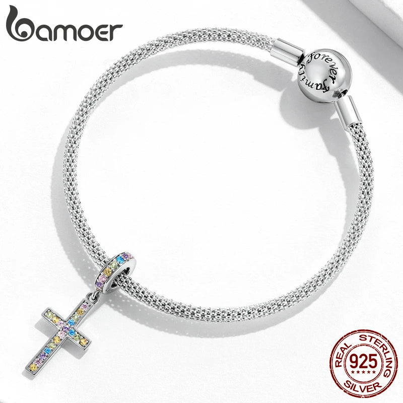 925 Silver Colorful Cross Pendant Women Bracelet Bangle Rainbow Charms