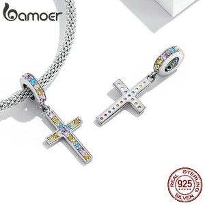 925 Silver Colorful Cross Pendant Women Bracelet Bangle Rainbow Charms