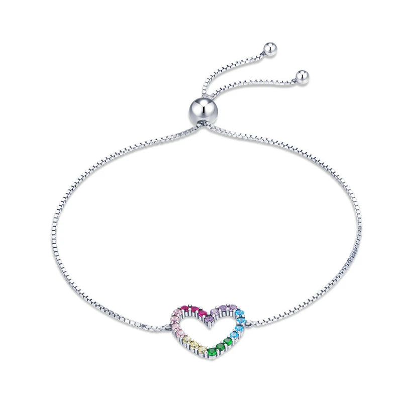 925 Silver Colorful Heart Adjustable Bracelet Zircon Chain SCB216