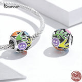 925 Silver Smiley Charm Bangle Bracelet Colorful Beads Girls Gift
