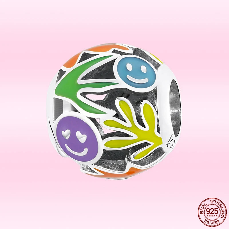 925 Silver Smiley Charm Bangle Bracelet Colorful Beads Girls Gift