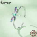 925 Silver Colorful Zircon Dragonfly Opening Ring for Women BSR384