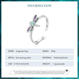 925 Silver Colorful Zircon Dragonfly Opening Ring for Women BSR384