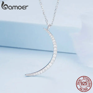 925 Silver Crescent Moon Pendant Necklace CZ Fine Jewelry BSN286
