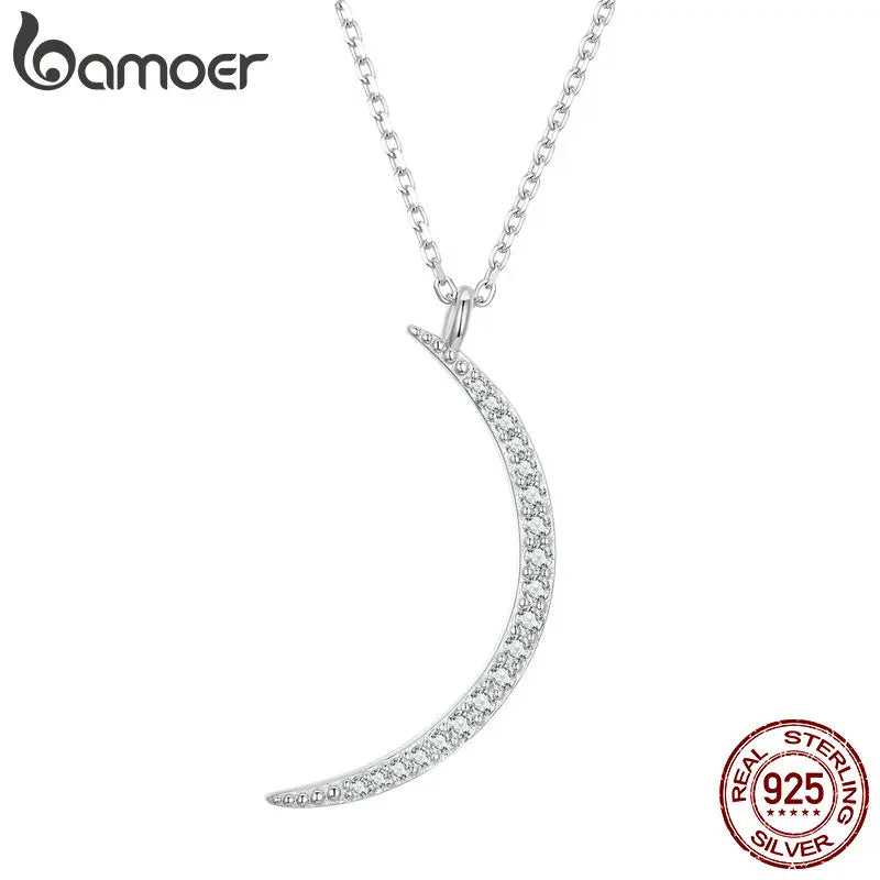 925 Silver Crescent Moon Pendant Necklace CZ Fine Jewelry BSN286
