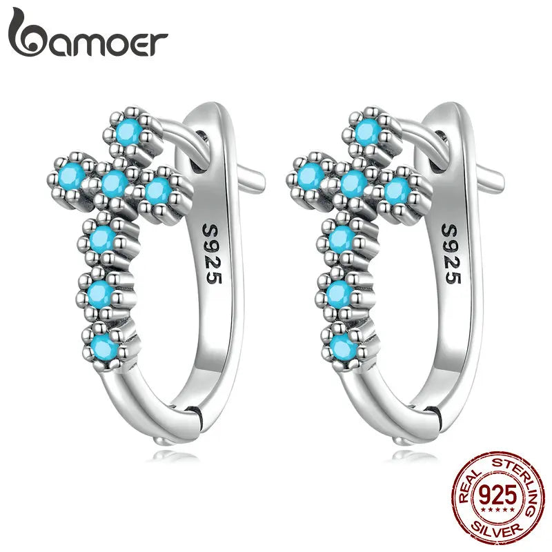 925 Silver Cross Turquoise Earrings Oxidized Hoop Jewelry