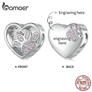 925 Silver Paw Print Heart Charm for Women Bracelet DIY