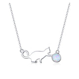 925 Silver Cat Playing Ball Opal Necklace for Women