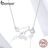 925 Silver Cat Playing Ball Opal Necklace for Women