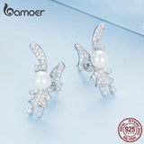 925 Silver Rabbit Stud Pearl Earrings Pave CZ Women Birthday Gift BSE772