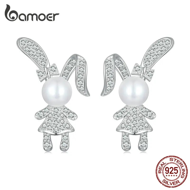 925 Silver Rabbit Stud Pearl Earrings Pave CZ Women Birthday Gift BSE772