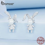 925 Silver Rabbit Stud Pearl Earrings Pave CZ Women Birthday Gift BSE772