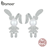925 Silver Rabbit Stud Pearl Earrings Pave CZ Women Birthday Gift BSE772