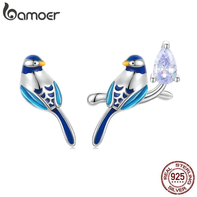 925 Silver Birds Stud Earrings Purple CZ Ear Studs Gift