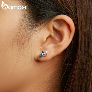 925 Silver Birds Stud Earrings Purple CZ Ear Studs Gift