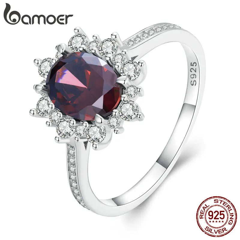925 Silver Dark Red Zircon Wedding Ring Women Elegant Jewelry