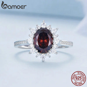 925 Silver Dark Red Zircon Wedding Ring Women Elegant Jewelry
