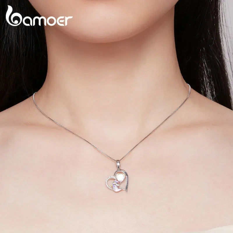 925 Silver Unicorn Pendant Necklace Enamel Heart Charm Chain for Women