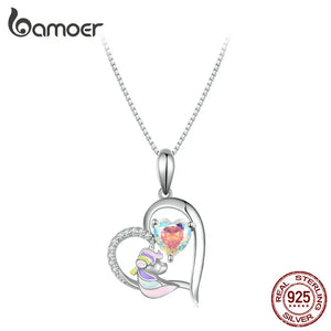 925 Silver Unicorn Pendant Necklace Enamel Heart Charm Chain for Women