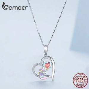 925 Silver Unicorn Pendant Necklace Enamel Heart Charm Chain for Women