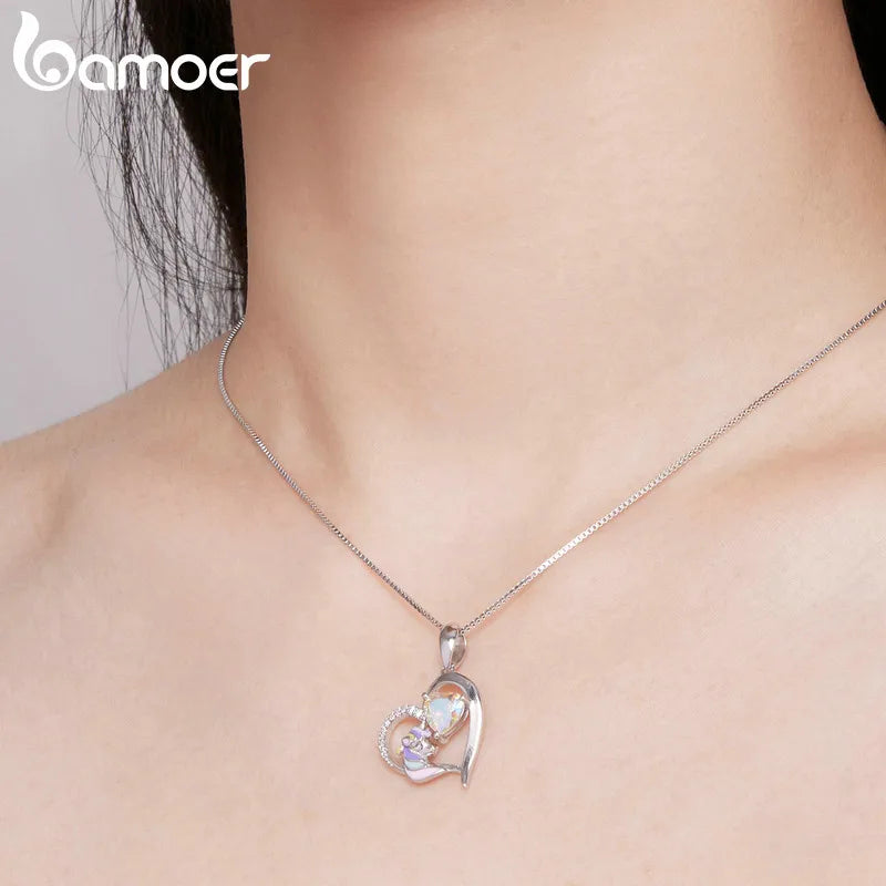925 Silver Unicorn Pendant Necklace Enamel Heart Charm Chain for Women