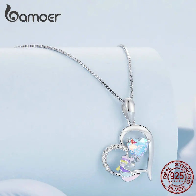 925 Silver Unicorn Pendant Necklace Enamel Heart Charm Chain for Women