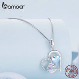 925 Silver Unicorn Pendant Necklace Enamel Heart Charm Chain for Women