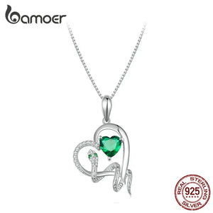 925 Silver Green Zircon Heart Pendant Necklace Snake Chain for Women