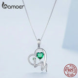 925 Silver Green Zircon Heart Pendant Necklace Snake Chain for Women