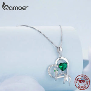 925 Silver Green Zircon Heart Pendant Necklace Snake Chain for Women