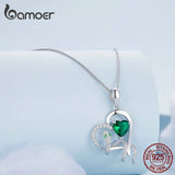 925 Silver Green Zircon Heart Pendant Necklace Snake Chain for Women