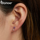 925 Silver Key Stud Earrings Pink Zircon Ear Studs
