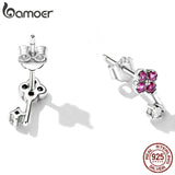 925 Silver Key Stud Earrings Pink Zircon Ear Studs
