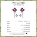 925 Silver Key Stud Earrings Pink Zircon Ear Studs