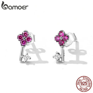 925 Silver Key Stud Earrings Pink Zircon Ear Studs