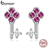 925 Silver Key Stud Earrings Pink Zircon Ear Studs
