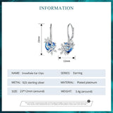 925 Silver Snowflake Crystal Heart Ear Clips for Women Birthday Gift Jewelry