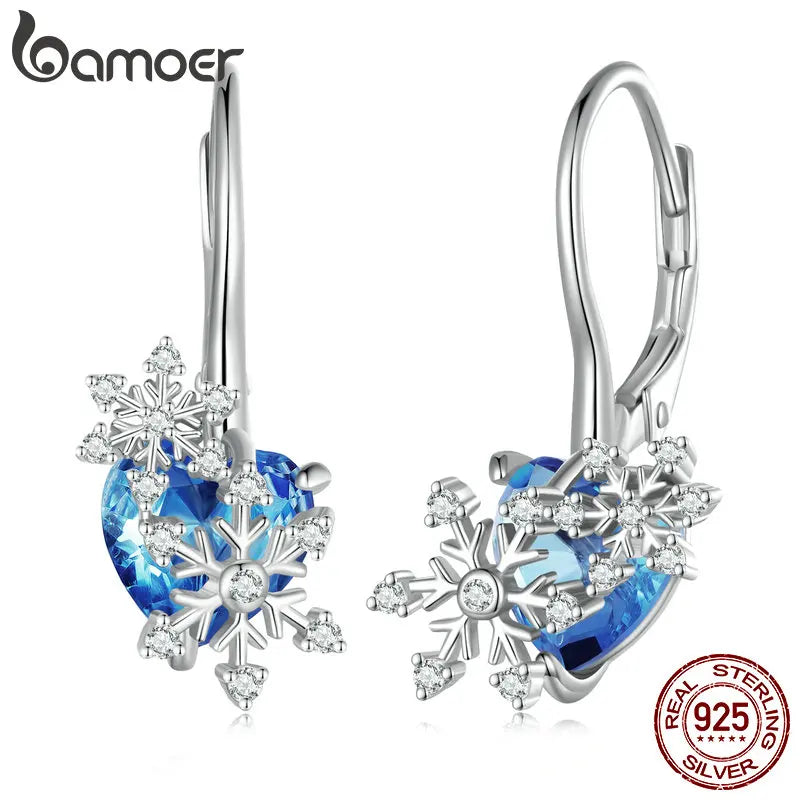 925 Silver Snowflake Crystal Heart Ear Clips for Women Birthday Gift Jewelry
