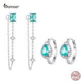 925 Sterling Silver Dewdrop Hoop Earrings Aqua Chain Stud Ear