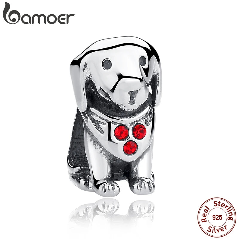 925 Silver Dog Beads Charms Red Stone Bracelet DIY Gift