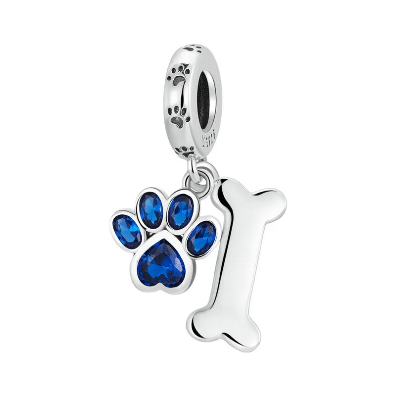 925 Sterling Silver Dog Paw & Bone Pendant Zirconium Paw Charms