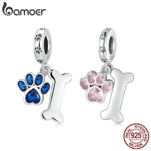 925 Sterling Silver Dog Paw & Bone Pendant Zirconium Paw Charms