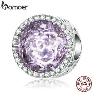 925 Silver Rose Charm Violet Stone Bead Bracelet Bangle Jewelry