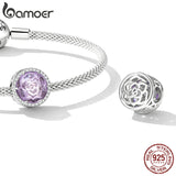 925 Silver Rose Charm Violet Stone Bead Bracelet Bangle Jewelry