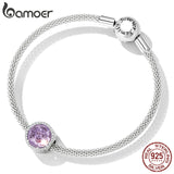 925 Silver Rose Charm Violet Stone Bead Bracelet Bangle Jewelry