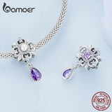 925 Silver Fleur-de-lis Bead Purple Zircon Pendant Charm BSC674