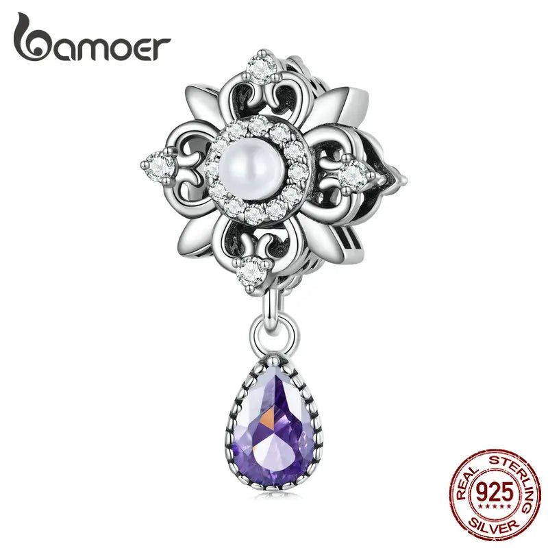 925 Silver Fleur-de-lis Bead Purple Zircon Pendant Charm BSC674