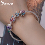 925 Silver Flower & Bird Bead Butterfly Charms Bracelet Bangle Enamel Jewelry