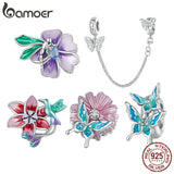 925 Silver Flower & Bird Bead Butterfly Charms Bracelet Bangle Enamel Jewelry